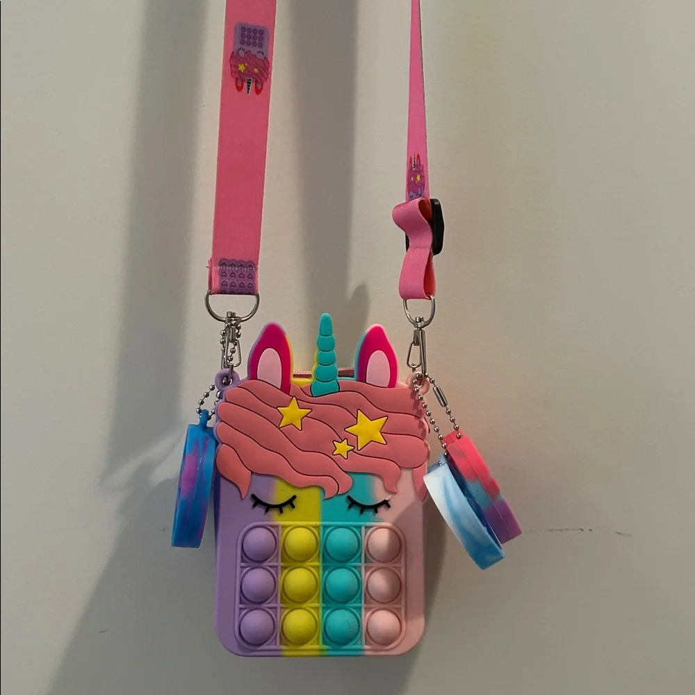 POP IT Unicorn ZipUp crossbody adjust strap bag multicolored silicone +keychains